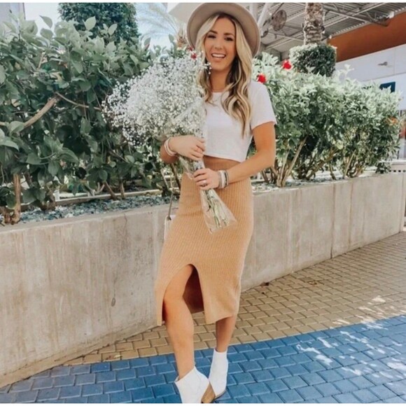 Free People Womens Pencil Skirt Size Large Carmel Heather Split Front Ribbed NEW - Picture 2 of 7